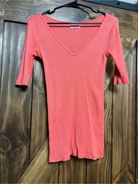 Vintage Michael Stars Metallic Shimmer Ribbed Deep V-Neck Top Coral Pink OSFM